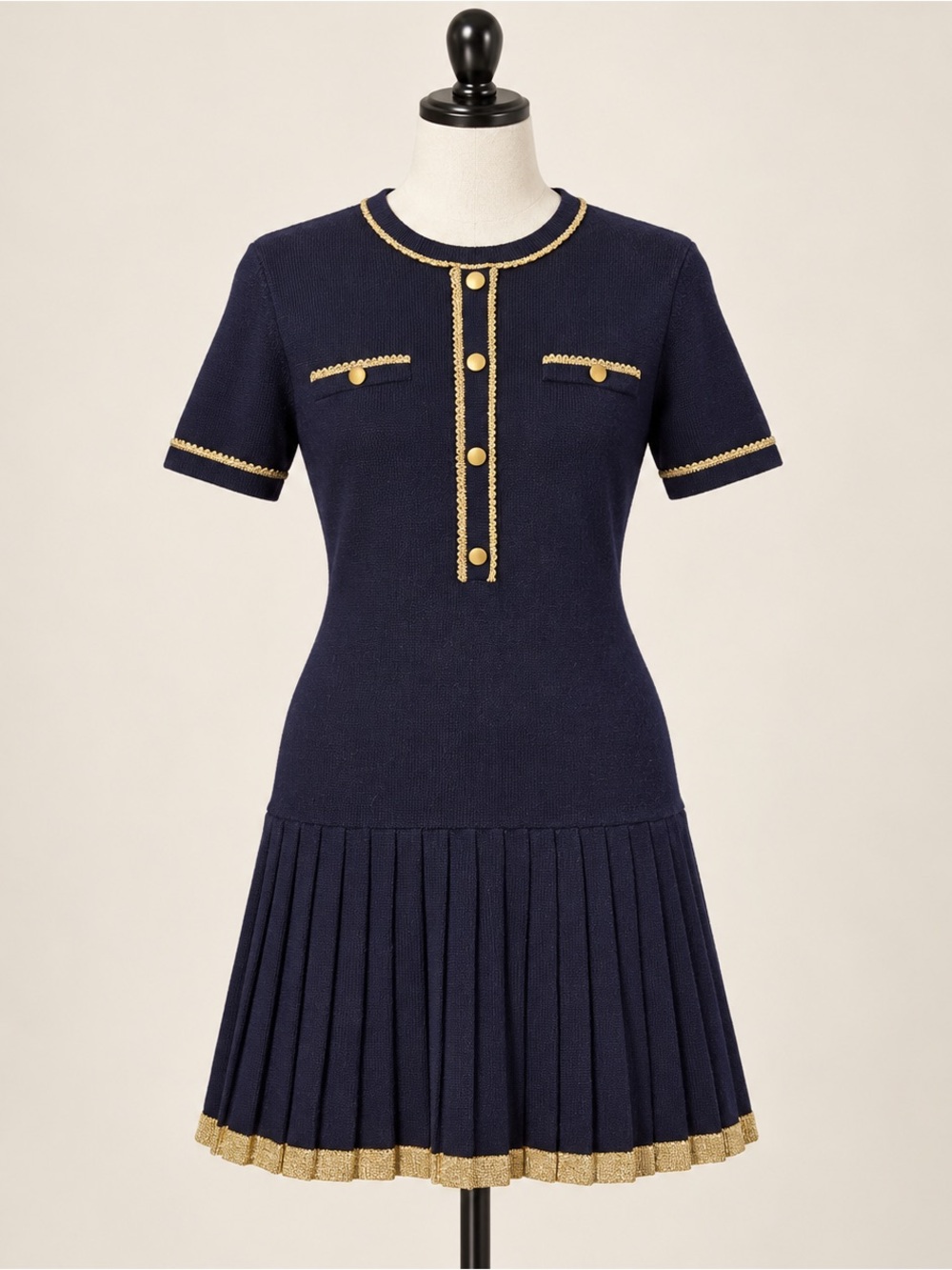 Navy Gold Trim Wool Knit Dress Pleated Drop Waist Vintage USA Size 16